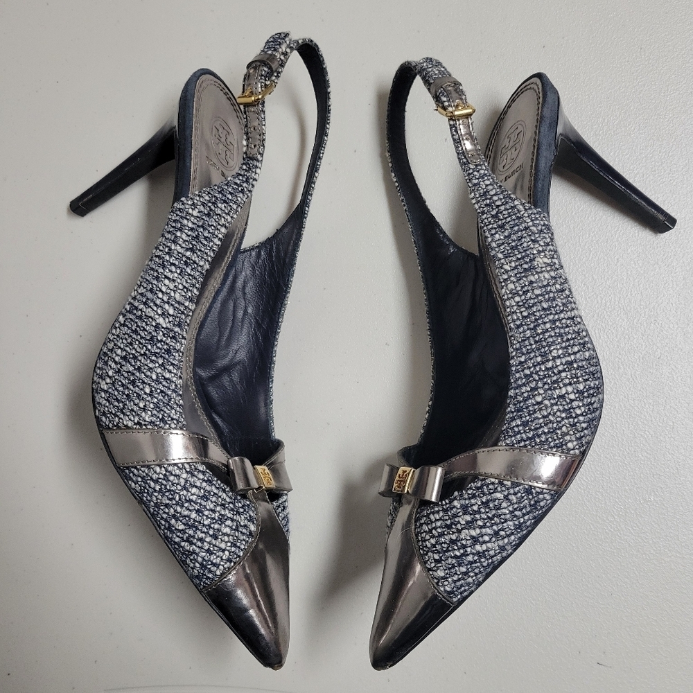 Tory Burch Tweed Metallic Bow Detail Pointy Toe Sling Back Heels. - Picture 4 of 16
